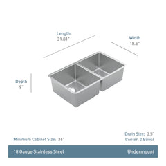 Prep 32" Undermount Double Bowl Sink