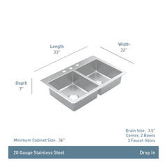 Prep 33" Stainless Steel Drop-in Double Bowl Sink