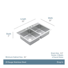 Prep 33" Stainless Steel Drop-in Double Bowl Sink