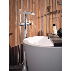 Flara Chrome one-handle tub filler includes hand shower