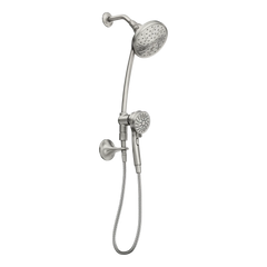 Attract Spot resist brushed nickel six-function 3.75" diameter spray head standard with handshower