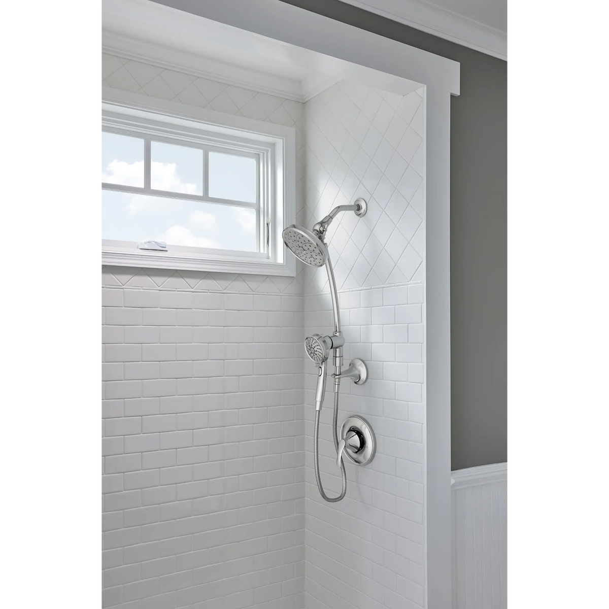 Attract Chrome six-function 3.75" diameter spray head standard with handshower