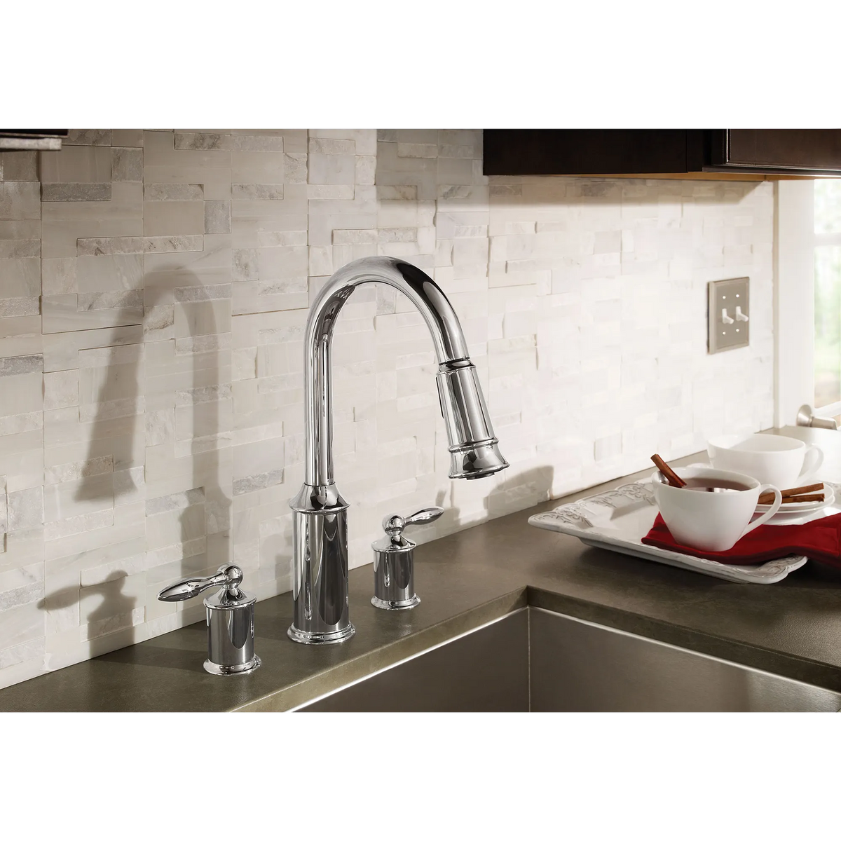 Aberdeen Chrome two-handle high arc pulldown kitchen faucet