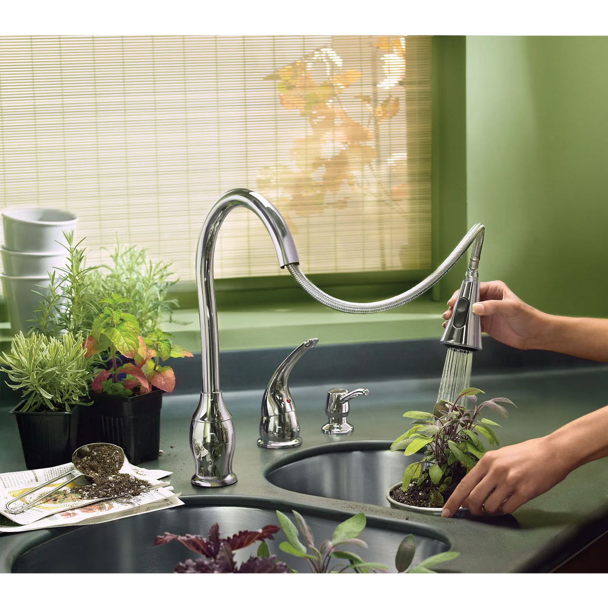 Trianna Chrome one-handle high arc pullout kitchen faucet