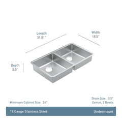 Prep 32" Undermount Double Bowl Sink