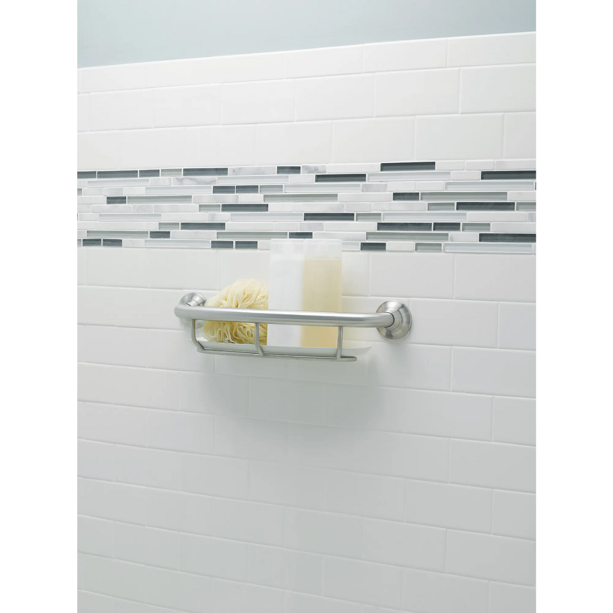Brushed nickel 16" Grab Bar with Shelf