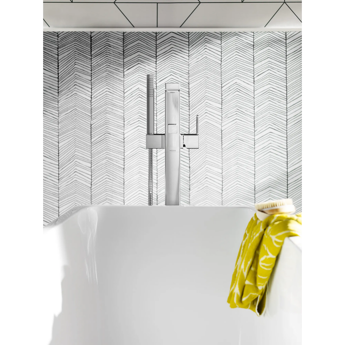 90 Degree Chrome one-handle tub filler includes hand shower