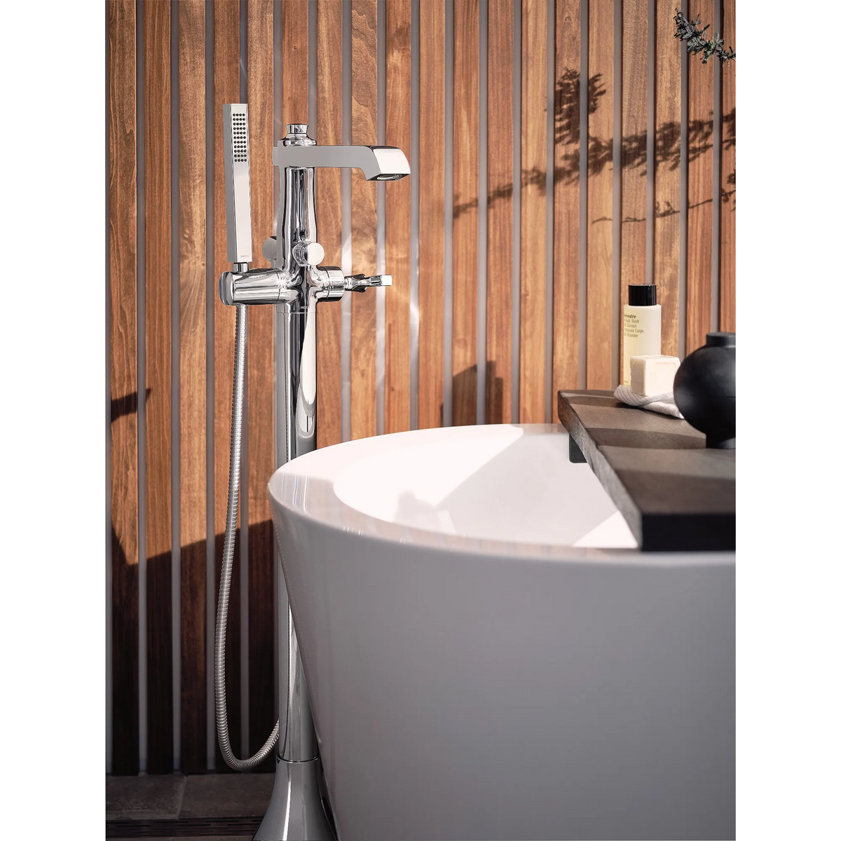Flara Chrome one-handle tub filler includes hand shower