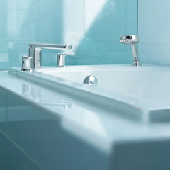 Rizon Chrome Two-Handle Low Arc Roman Tub Faucet including Handheld Shower
