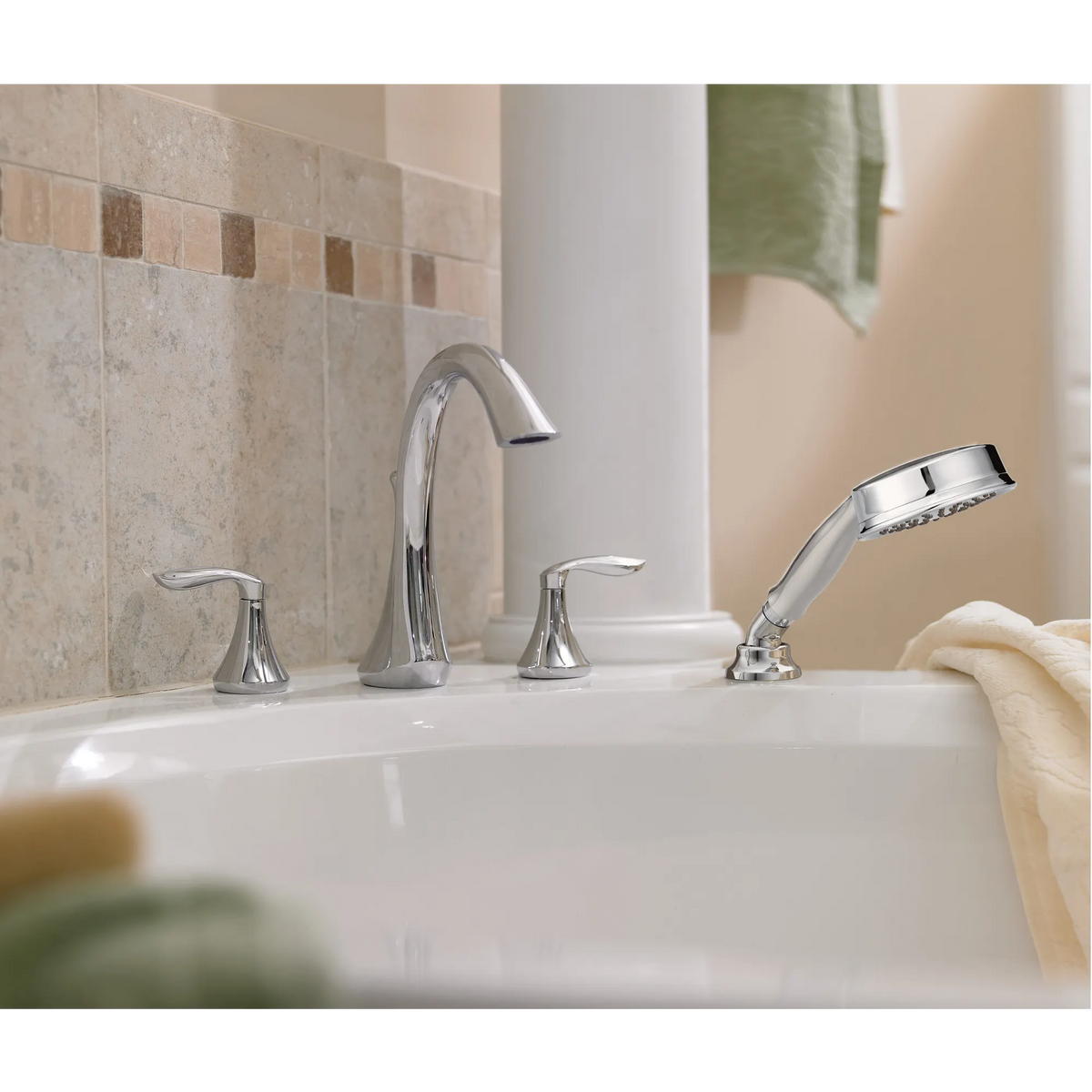 Eva Chrome Two-Handle High Arc Roman Tub Faucet including Handheld Shower