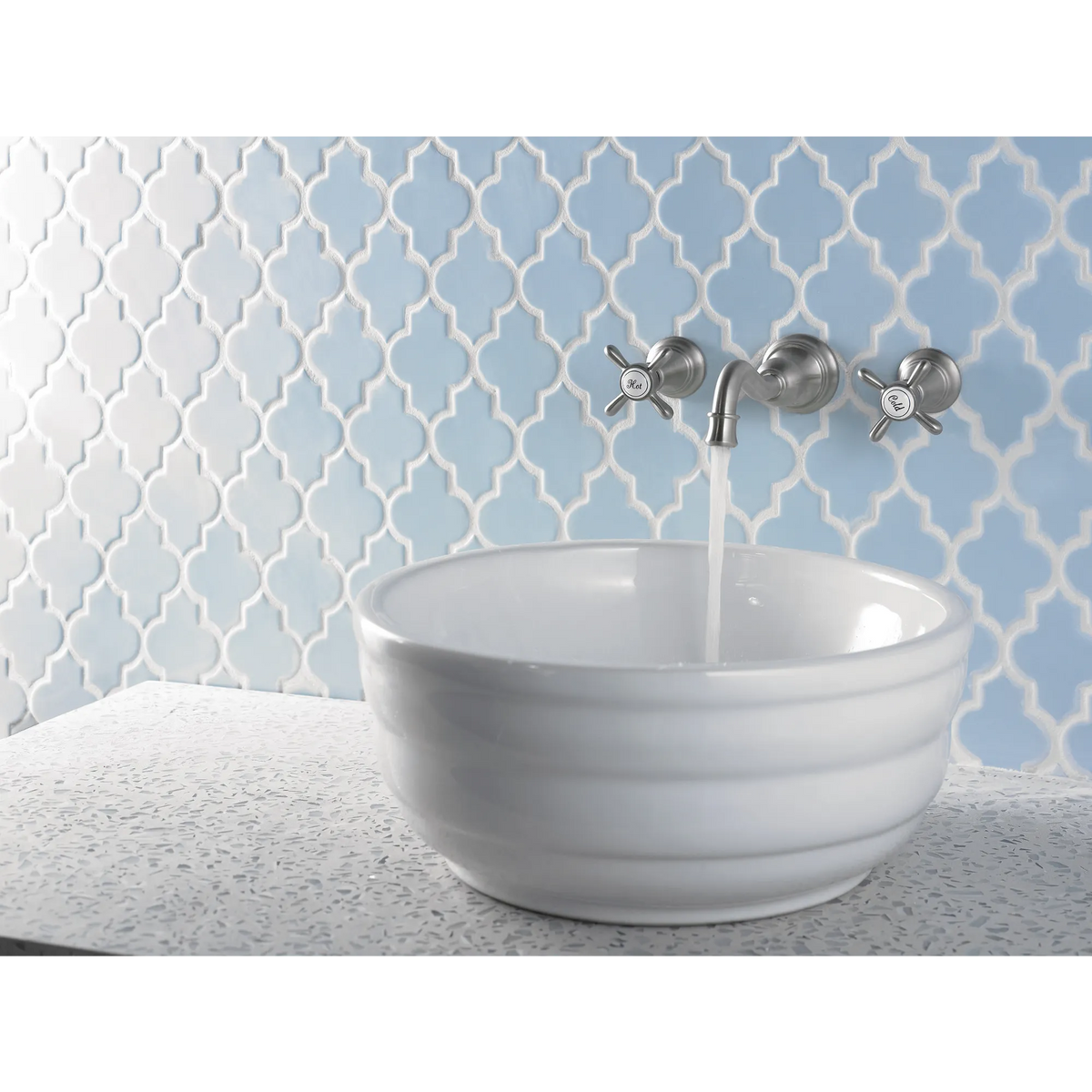 Weymouth Chrome Two-Handle High Arc Wall Mount Bathroom Faucet