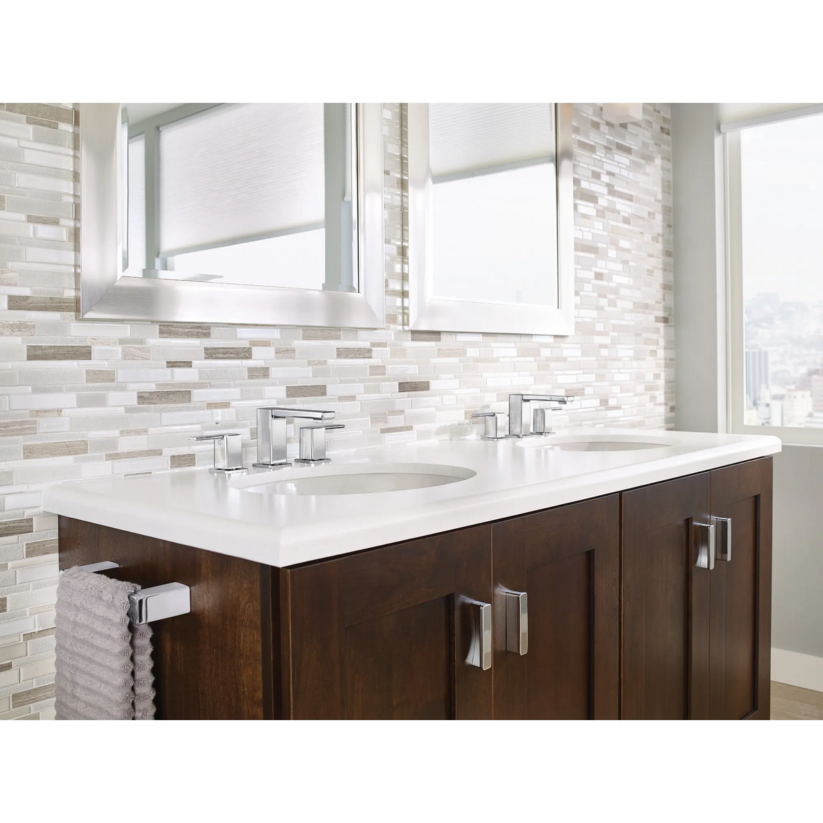 90 Degree Chrome Two-Handle Low Arc Bathroom Faucet